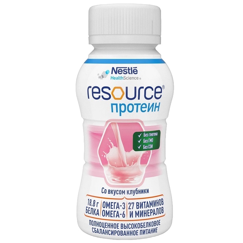 Нестле (Nestle) (Ресурс Протеин Спец.пищ.прод.диет.профилакт.питания готовая к употр.полноц.сбаланс.смесь с выс.содер.белка вкус клубники д/энтер.пит.взр. 200 мл)