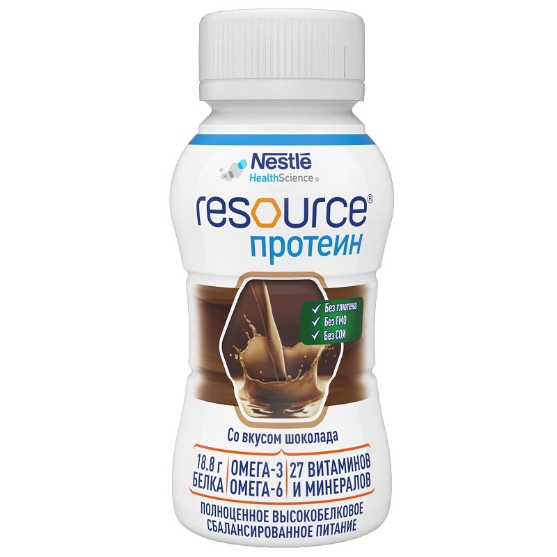 Нестле (Nestle) (Ресурс Протеин Спец.пищ.прод.диет.профилакт.питания готовая к употр.полноц.сбаланс.смесь с выс.содер.белка вкус шок.д/энтер пит.взр 200 мл)